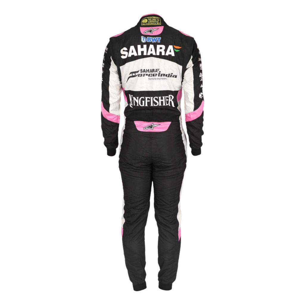 Back view of Esteban Ocon’s 2017 racing suit showing number placement, sponsor logos, and ergonomic design
