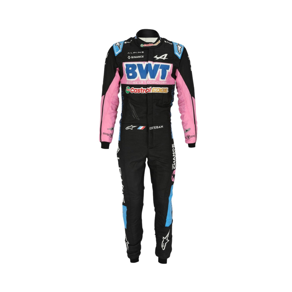 Esteban Ocon's 2023 Las Vegas Grand Prix F1 racing suit front view featuring a black base with pink and blue accents on the shoulders and sides, complemented by sponsor logos, showcasing a sleek and modern design. Main image
