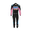 Esteban Ocon's 2023 Las Vegas Grand Prix F1 racing suit front view featuring a black base with pink and blue accents on the shoulders and sides, complemented by sponsor logos, showcasing a sleek and modern design.