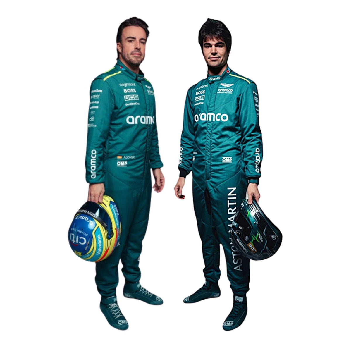 Front view of 2024 F1 racing costume in dark green and silver accents, worn by Fernando Alonso and Lance Stroll, showcasing their race numbers and team spirit. Main image