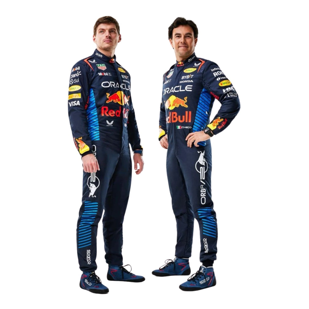 Front view of 2024 F1 racing costume in dark blue, red, and yellow tones worn by Max Verstappen and Sergio Pérez – featuring race number details Main image