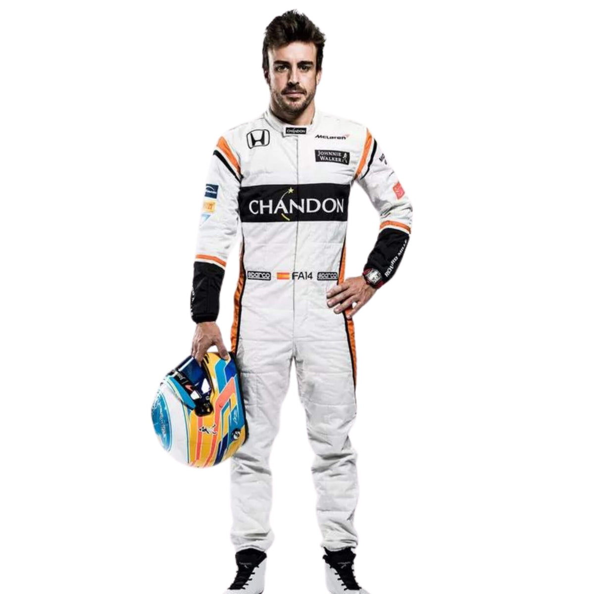 Full-body view of Fernando Alonso’s 2017 racing suit, showcasing sponsor logos, a sleek design, and an ergonomic fit Main image