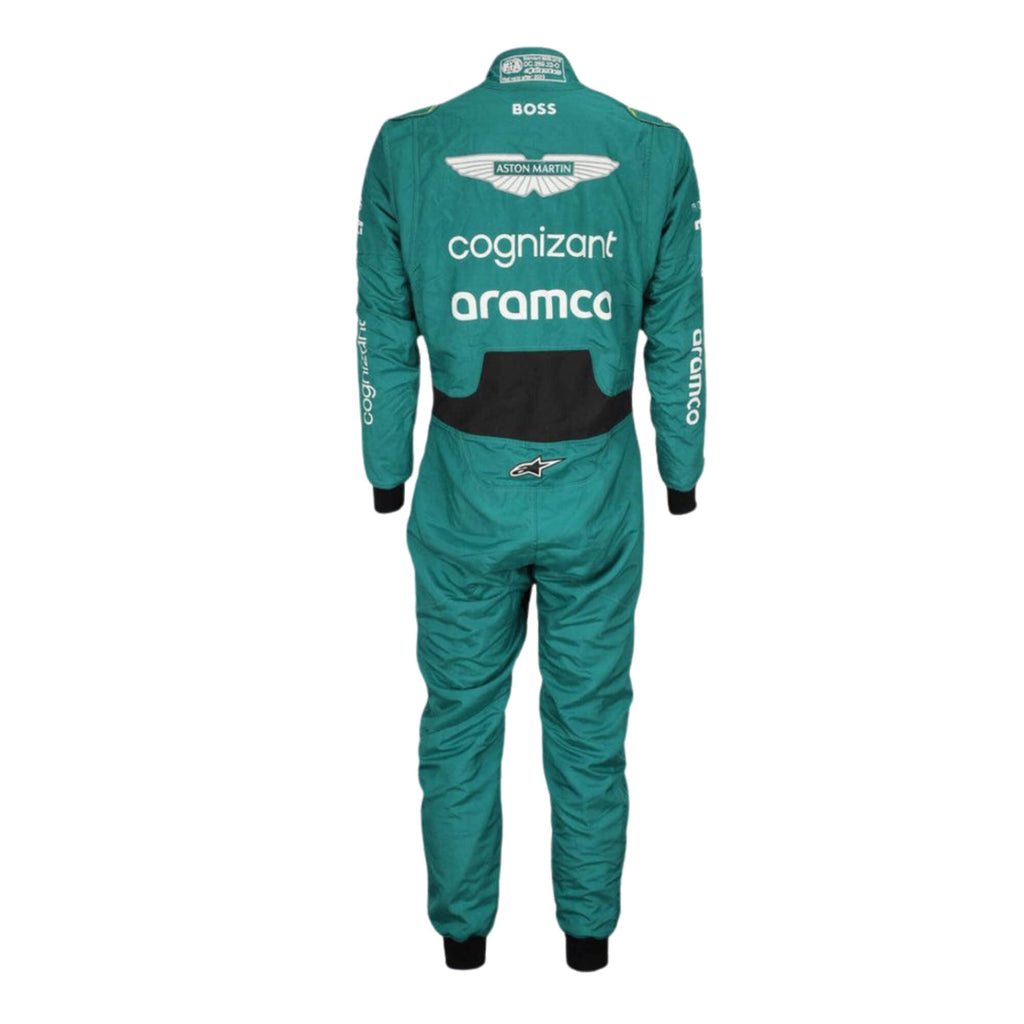 Rear view of Fernando Alonso’s 2023 racing suit, emphasizing the rear design with sponsor logos and a focus on aerodynamics, ensuring a perfect fit for performance and movement.