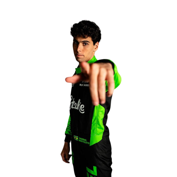 Gabriel Bortoleto in his 2025 racing suit, showcasing the front design with distinctive color accents. Explicit Pro
