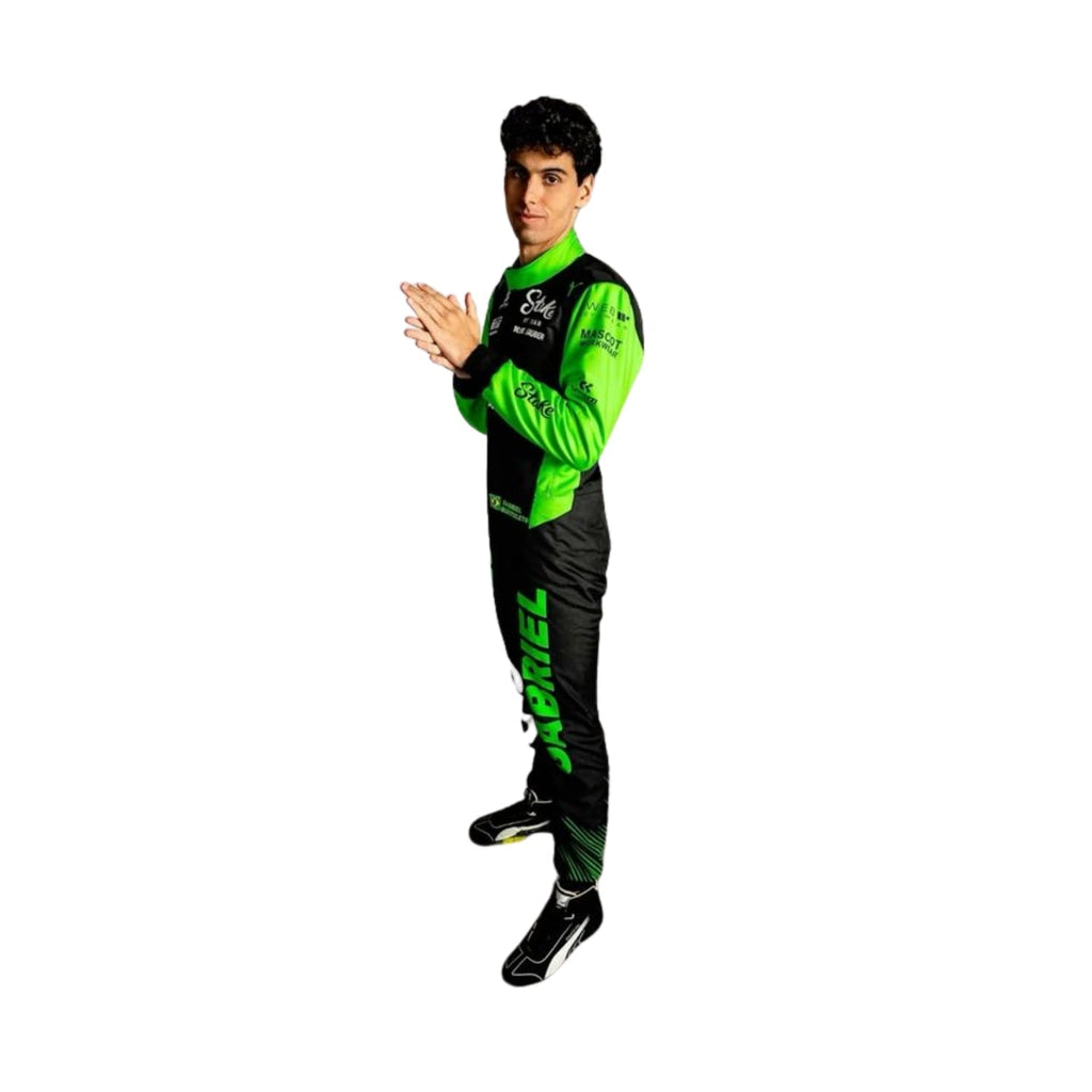 Gabriel Bortoleto in action during the 2025 F1 season, fully suited in high-performance racing gear on the track.

