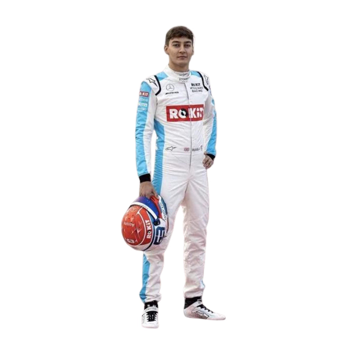 Front view of George Russell 2020 F1 suit – striking blue and white design Main image