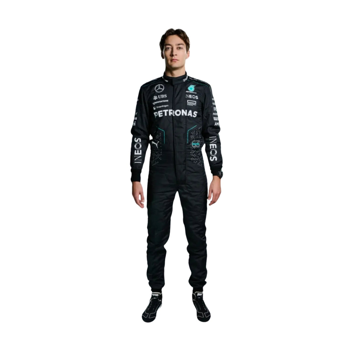 George Russell’s 2023 F1 racing suit in a sleek black and silver design, featuring prominent sponsor logos on the chest and legs. The suit is tailored for aerodynamics and performance, showcasing Russell’s commitment to excellence. Main image