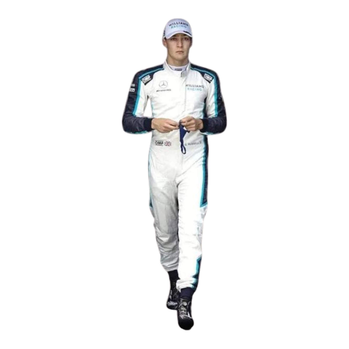 2021 George Russell F1 Racing Suit Front View, Navy Blue Design, Zipper Closure, Embroidered Details