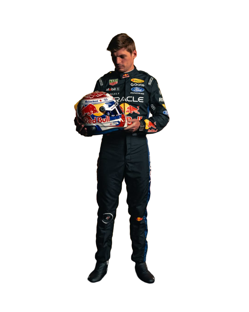 Front view of 2026 F1 racing costume worn by Max Verstappen featuring aggressive contour lines, dynamic stretch zones, and precision sponsor placement in deep navy and crimson tones in Explicit Pro 
