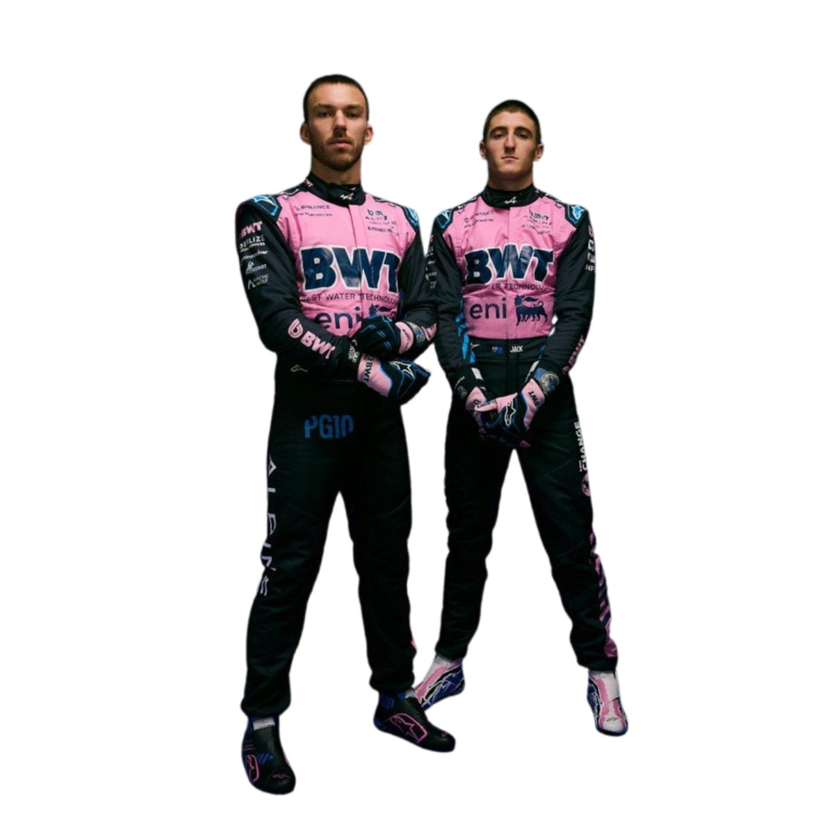 Jack Doohan and Pierre Gasly standing side by side in their 2025 Alpine F1 racing suits, showcasing the team's design and unity.
 Main image