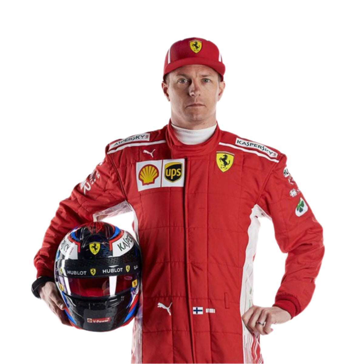 Kimi Räikkönen 2018 F1 suit – front view showcasing sharp lines and professional styling, ideal for racing memorabilia collections. Main image