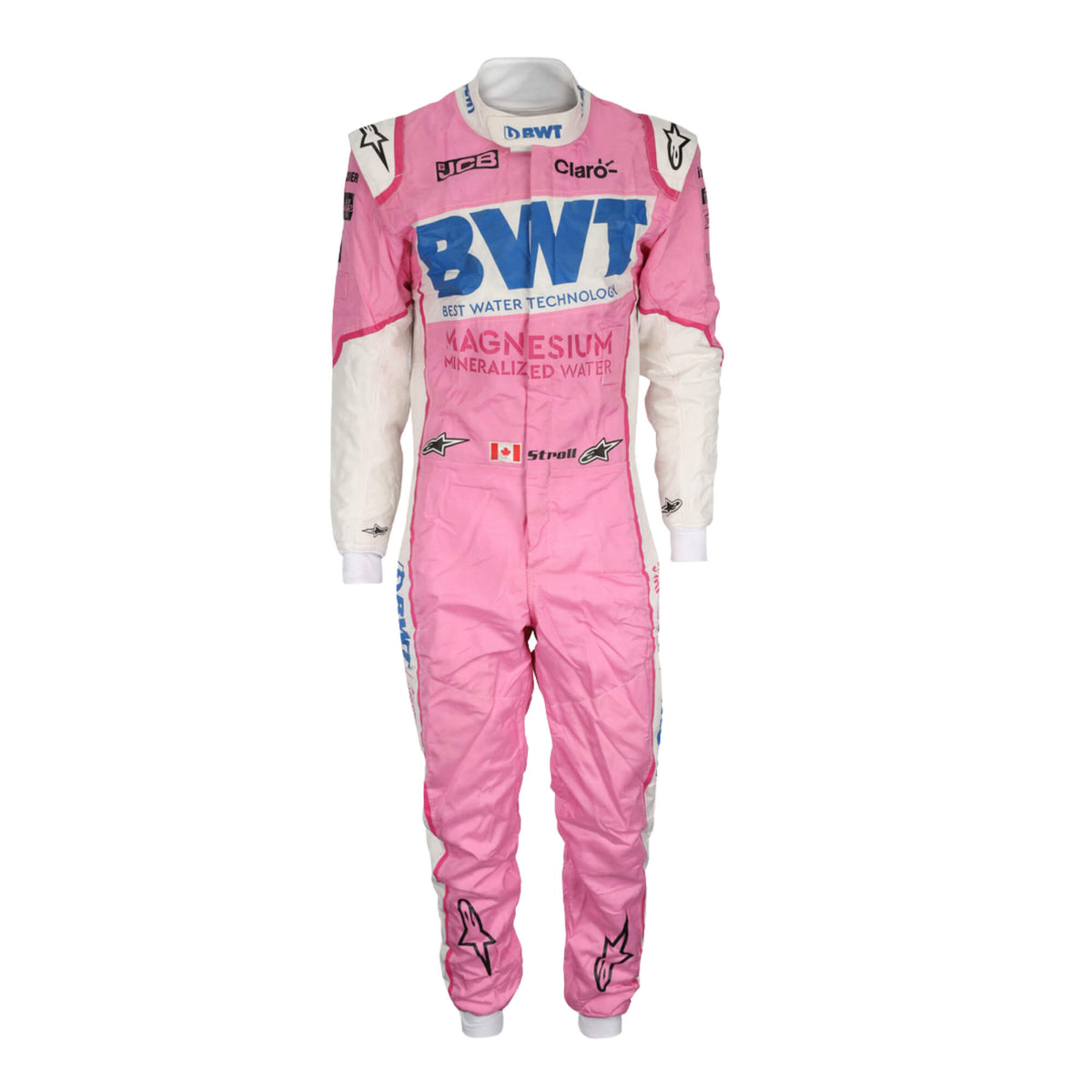 Front view of Lance Stroll 2020  F1 suit – vibrant pink and green design  Main image
