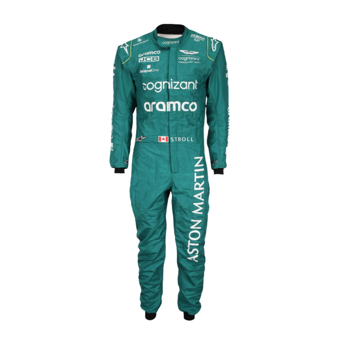 Lance Stroll’s 2023 Miami GP F1 racing suit, featuring a sleek design with a blend of dark green and subtle yellow accents. The suit is adorned with sponsor logos across the chest and shoulders, signifying high performance and innovation. Main image