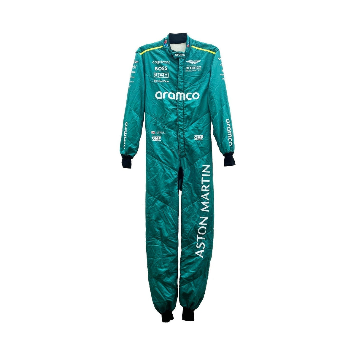 Lance Stroll 2024 Formula 1 racing suit, front view showcasing a deep green base with contrasting black panels