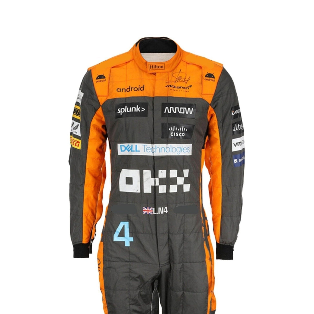 Zoomed-in look at Lando Norris’s 2023 suit featuring premium materials, high-contrast stitching, and detailed sponsor elements.
