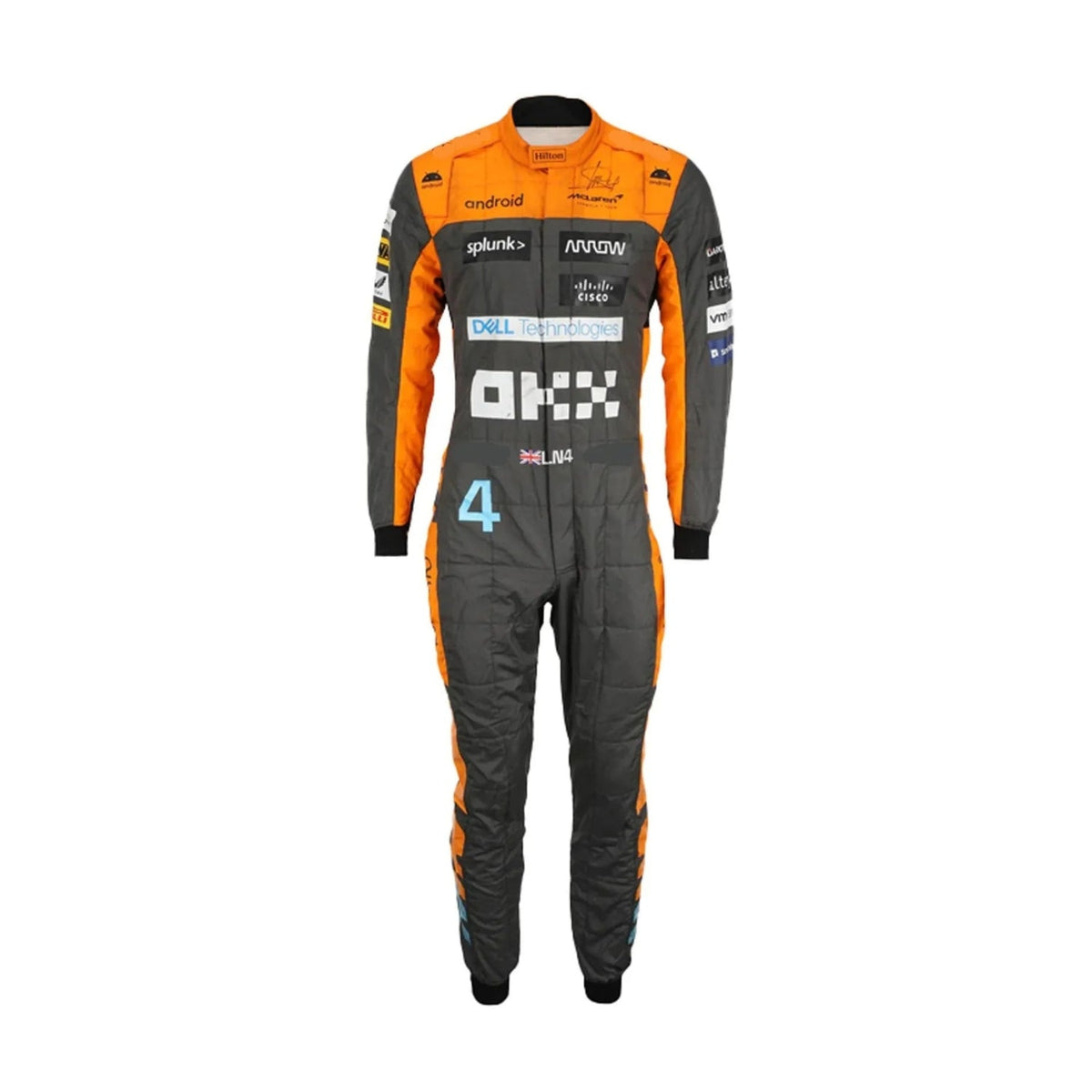 Lando Norris Karting Suit 2023 Front View, Blue and Orange Design with Team and Sponsor Logos Main image