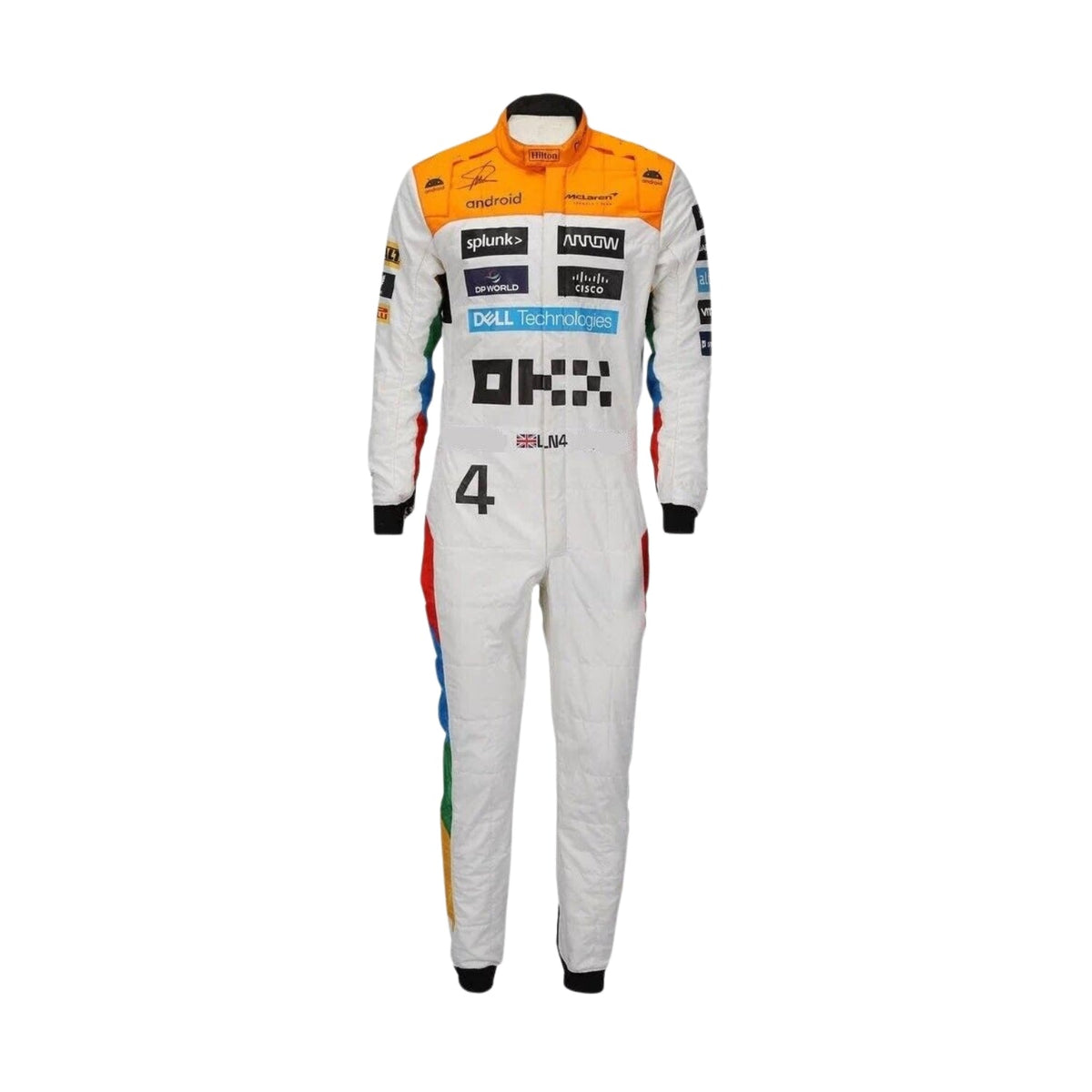 Lando Norris in his 2023 Silverstone Grand Prix racing suit with patriotic detailing and aerodynamic design tailored for peak performance. Main image