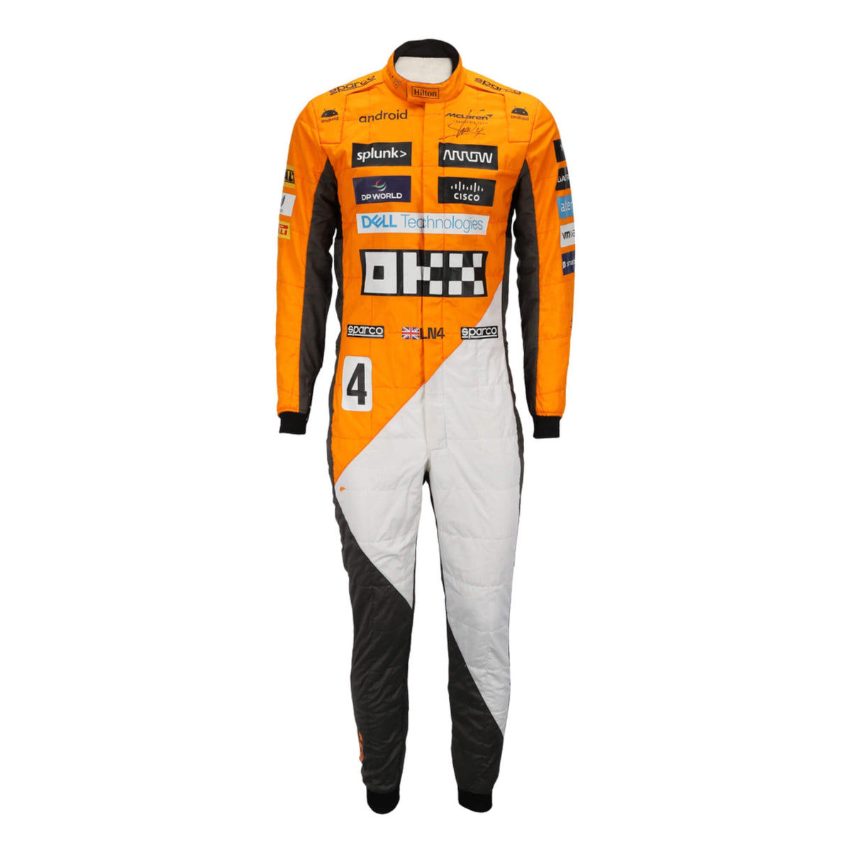 Lando Norris in the 2023 'Triple Crown' Spanish GP race suit featuring a tribute design with refined graphics and modern tailoring. Main image