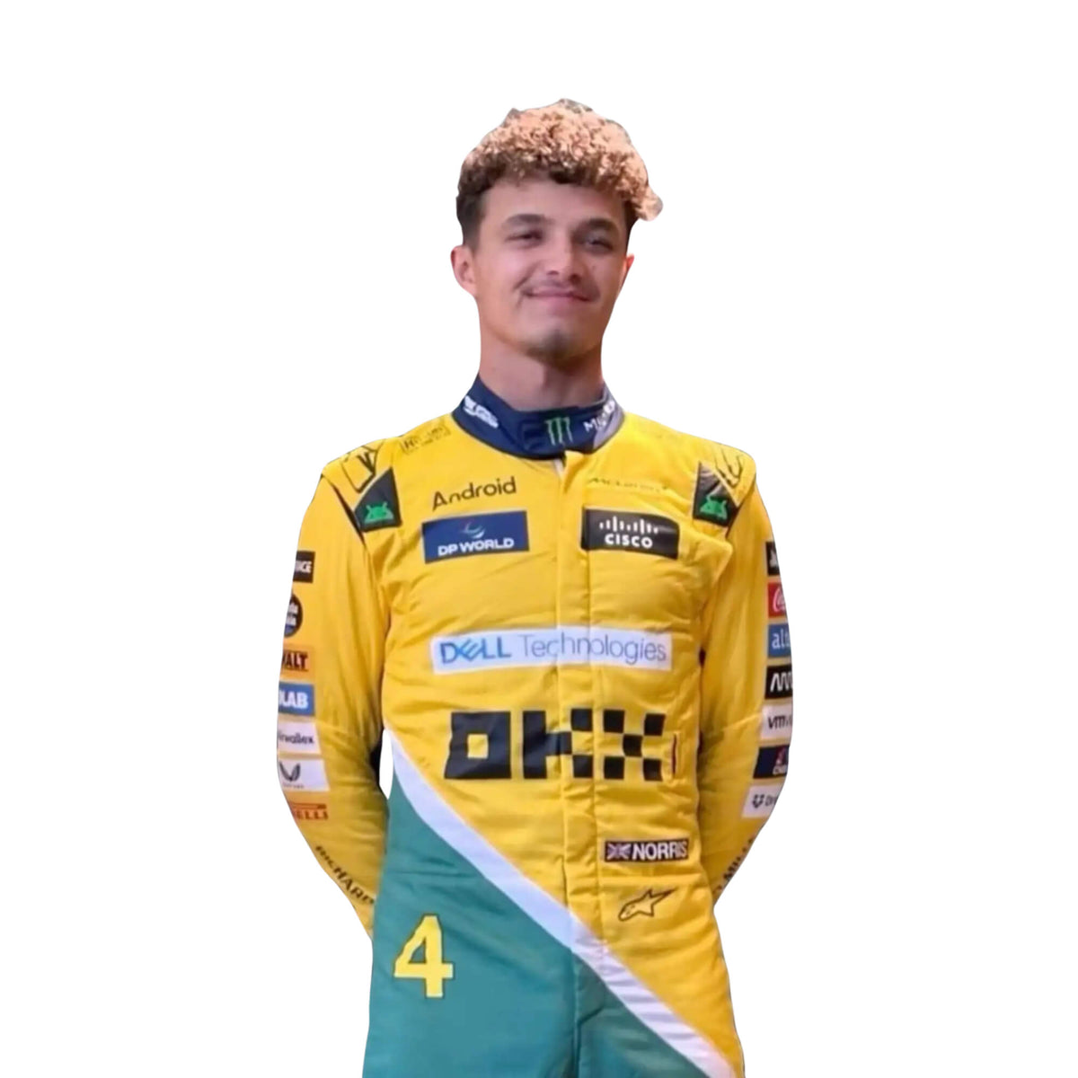 Lando Norris standing confidently in his 2024 Monaco Grand Prix racing suit, front view showcasing a vibrant design with yellow, green, and blue hues. Main image