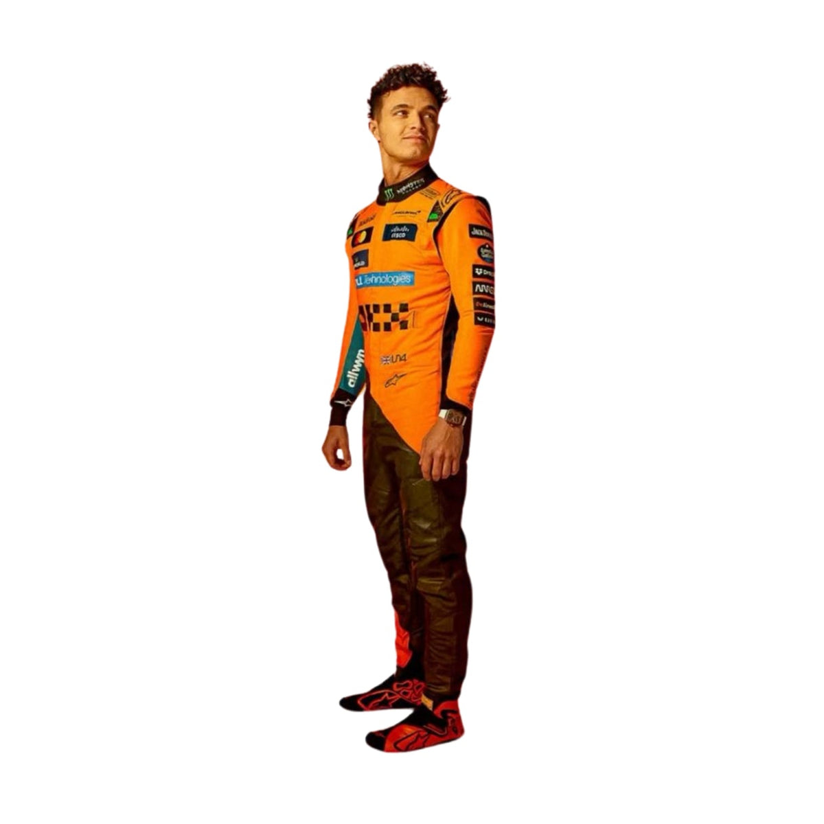 Side profile of Lando Norris 2025 F1 racing suit showcasing the streamlined fit, lightweight material, and McLaren color scheme. Main image
