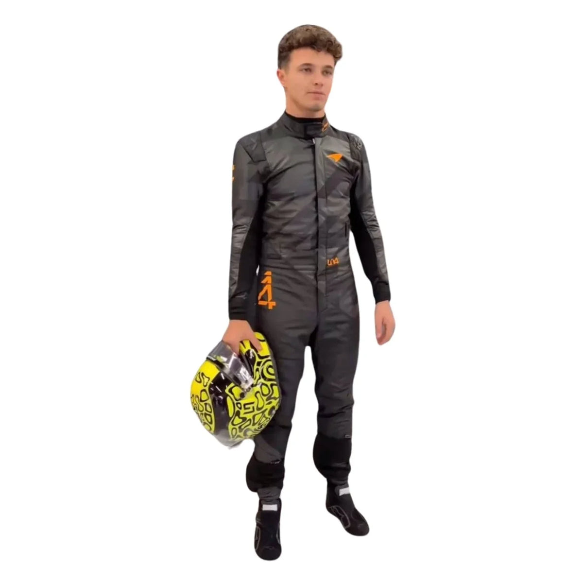 Front view of the 2025 McLaren F1 livery reveal racing costume worn by Lando Norris featuring a sleek matte black base with bold orange logos and driver initials (LN4) in neon orange. Main image