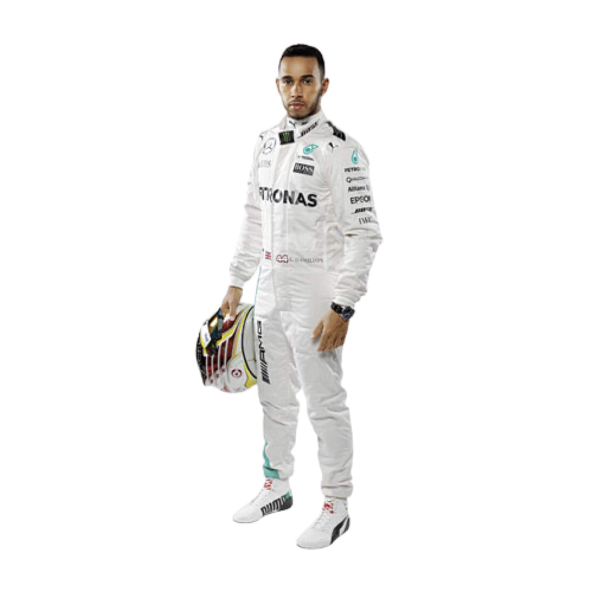 Lewis Hamilton’s 2017 F1 racing suit, front view with detailed sponsor embroidery, sleek design, and a tailored fit for optimum performance Main image