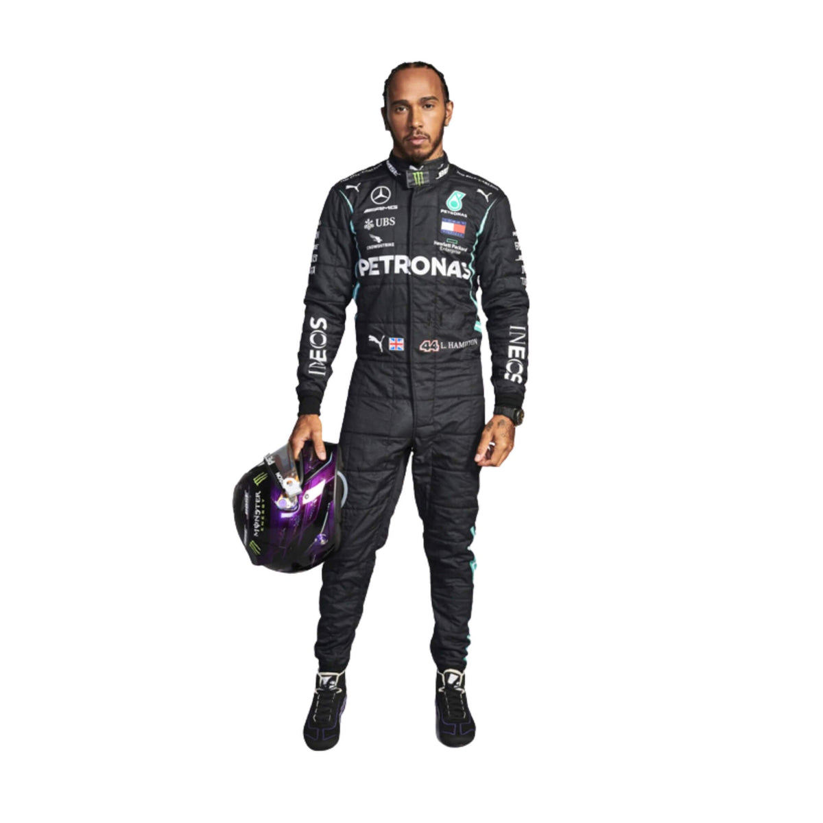 Lewis Hamilton 2021 F1 Racing Suit Front View with detailed sponsor patches and black-green color scheme Main image