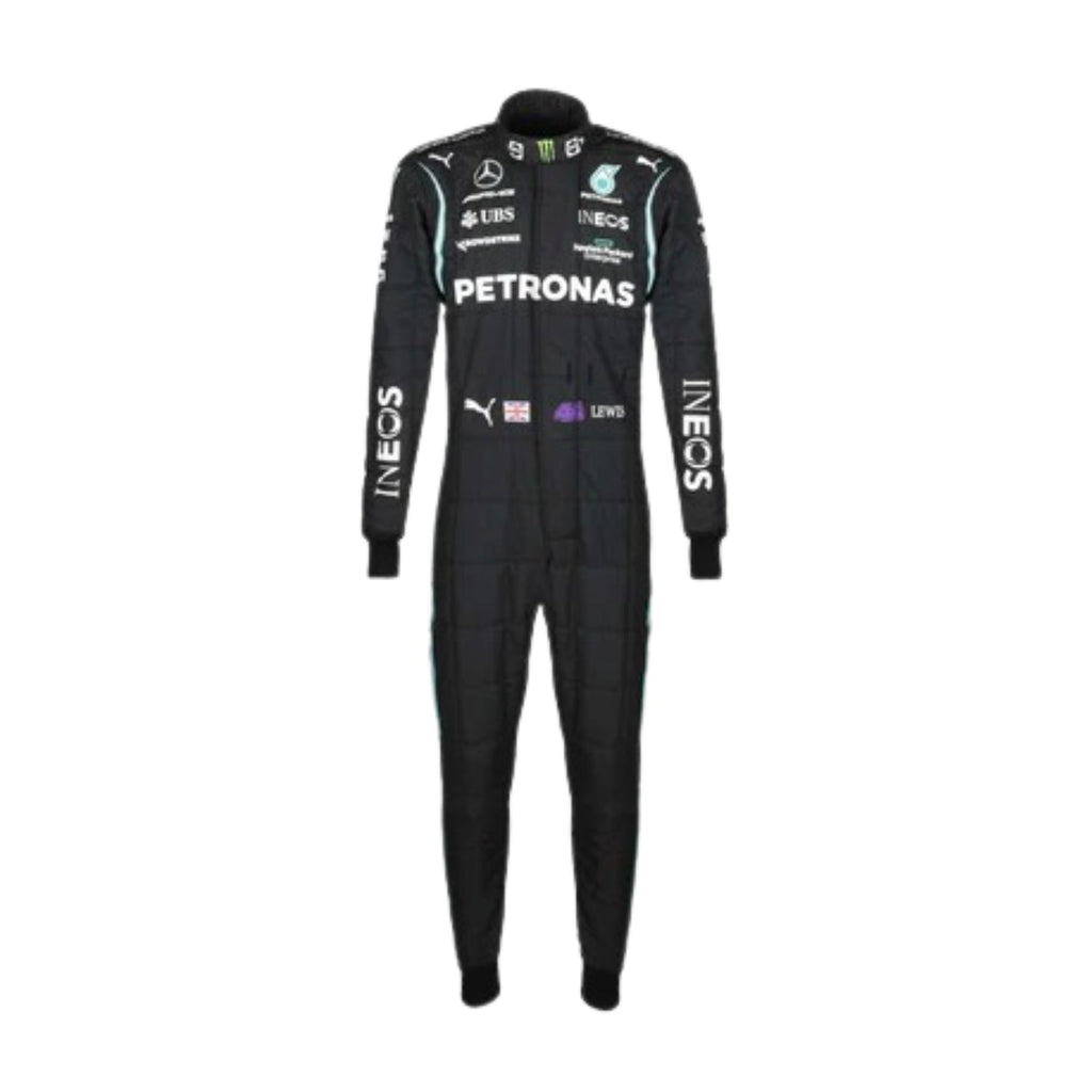 Lewis Hamilton 2021 F1 Racing Suit Front View with detailed sponsor patches and black-green color scheme