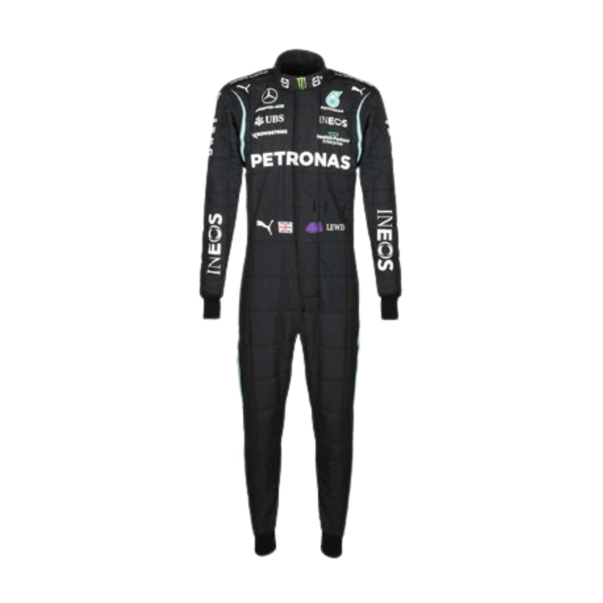 Lewis Hamilton 2021 F1 Racing Suit Front View with detailed sponsor patches and black-green color scheme