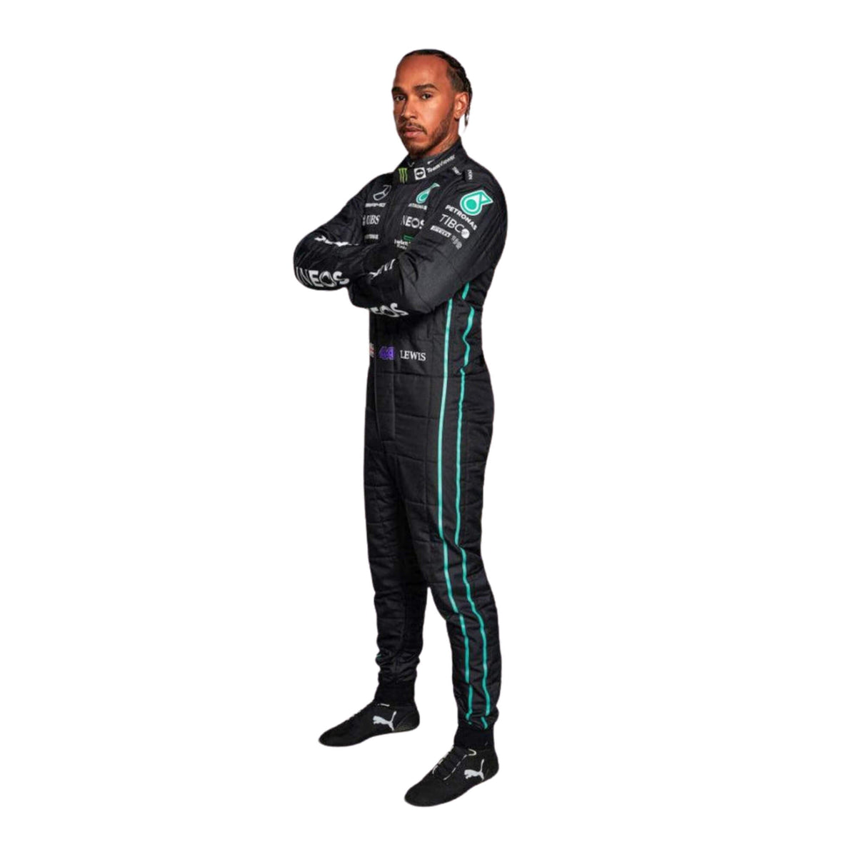 Side view of Lewis Hamilton 2022 F1 suit – aerodynamic black and turquoise color scheme with sleek profile Main image