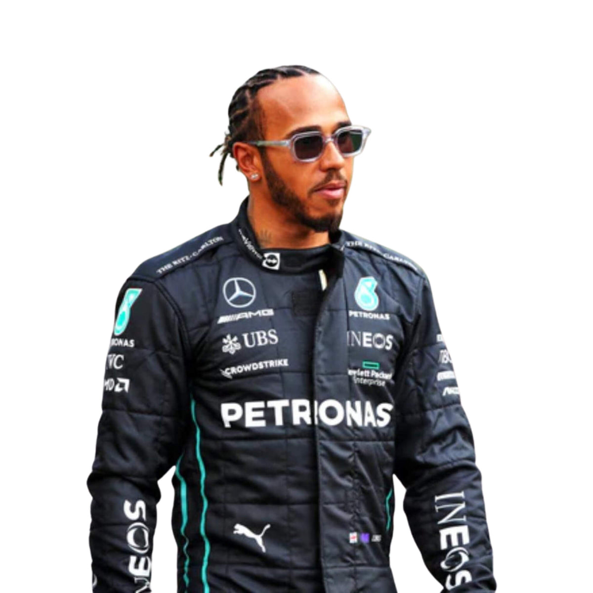 Close-up  profile of Lewis Hamilton 2022 racing suit