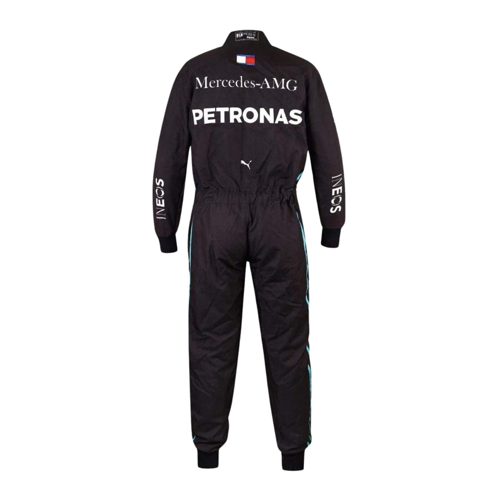 Back view of Lewis Hamilton 2022 racing suit – black racing gear with turquoise highlights and structured fit.
