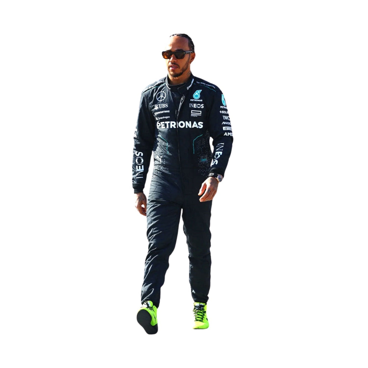Lewis Hamilton's 2024 F1 racing suit, front full view: sleek black base with turquoise accents, featuring a modern design with subtle detailing on the chest and arms. Main image