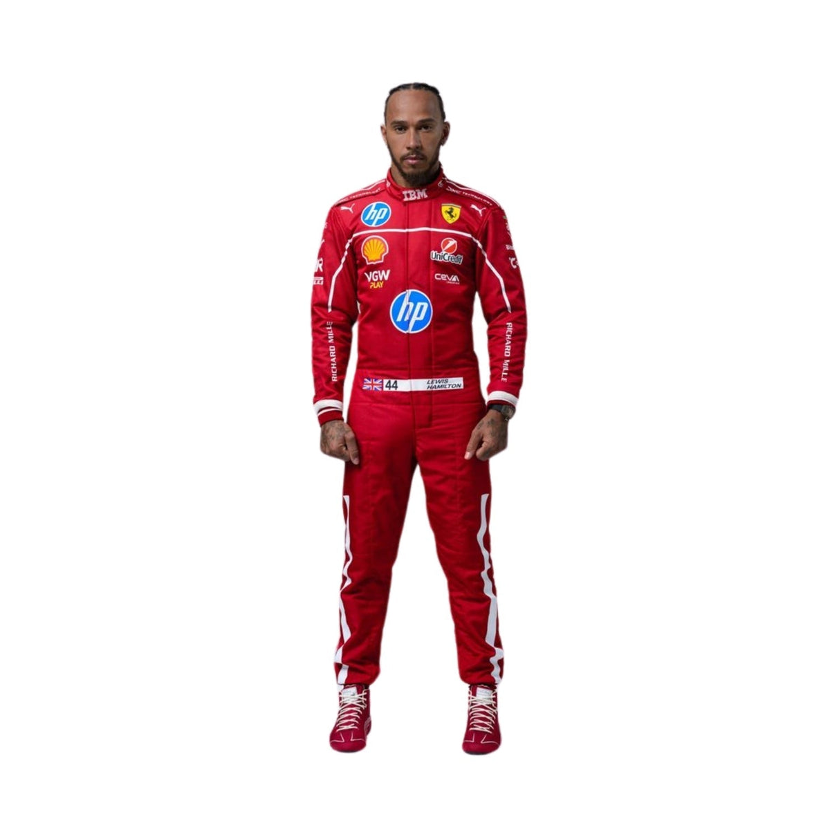 Front view of Lewis Hamilton 2025 F1 racing suit in red and black, designed for performance with fire-resistant and breathable fabric.

 Main image