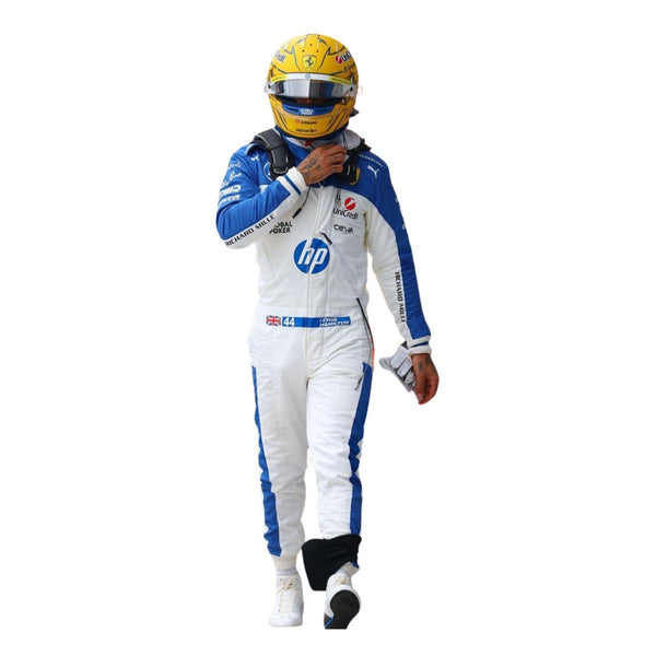 Front view of the 2025 F1 racing suits worn by Lewis Hamilton at the Miami GP, showcasing sleek aerodynamic design with tropical-inspired detailing and precision sponsor placement.