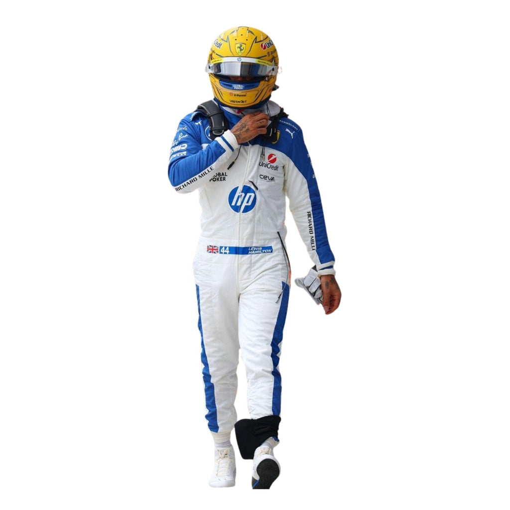 Front view of the 2025 F1 racing suits worn by Lewis Hamilton at the Miami GP, showcasing sleek aerodynamic design with tropical-inspired detailing and precision sponsor placement.