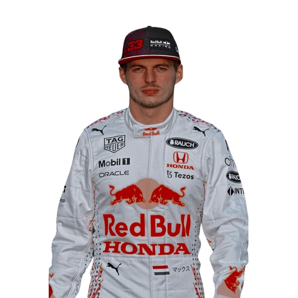 Close-up of the intricate stitching and premium fabric details of Max Verstappen’s 2021 Turkish GP F1 racing suit.