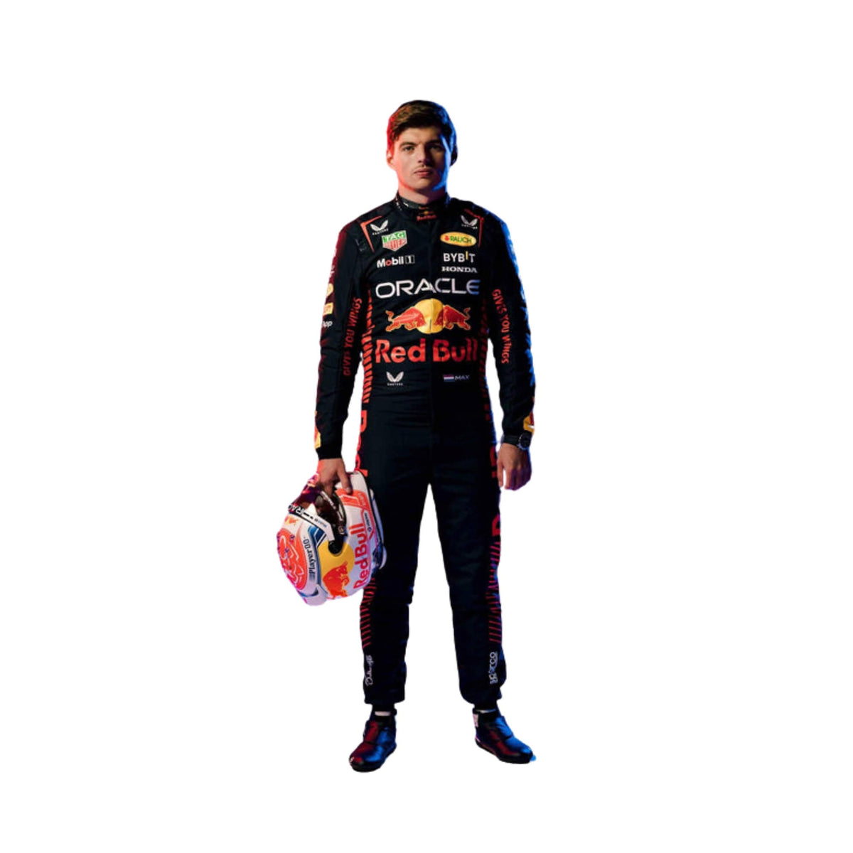 Max Verstappen's 2023 F1 racing suit in deep navy blue with bold red side panels, yellow trim, and partner branding across the chest and legs. Explicit Pro Main image