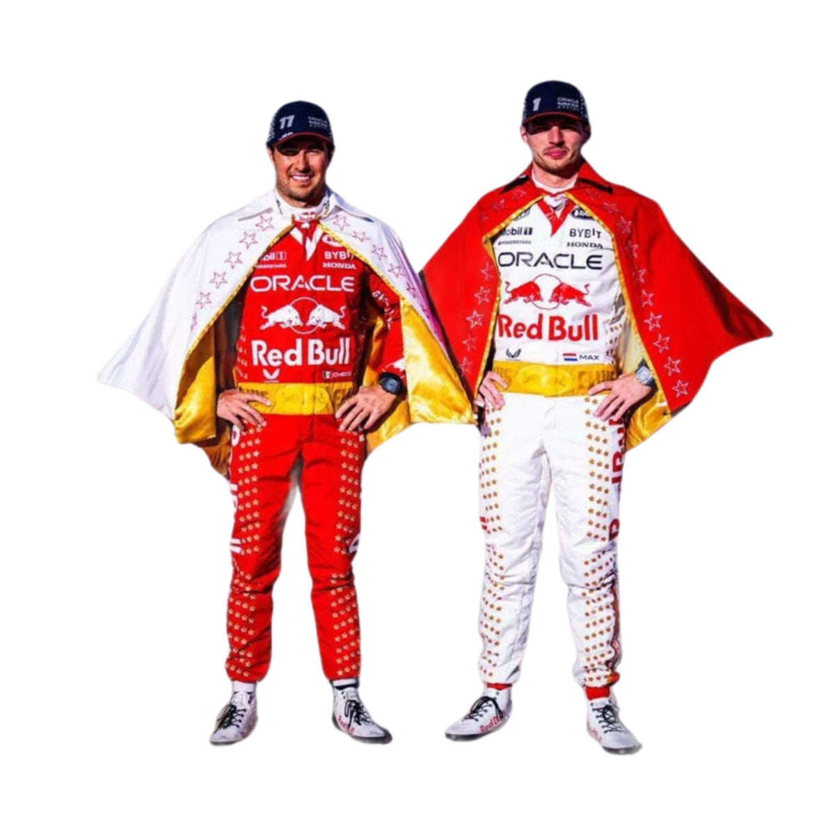 Sergio Perez in his 2023 Las Vegas GP racing suit featuring a bold red base with metallic gold accents and sharp white lines for high visibility.