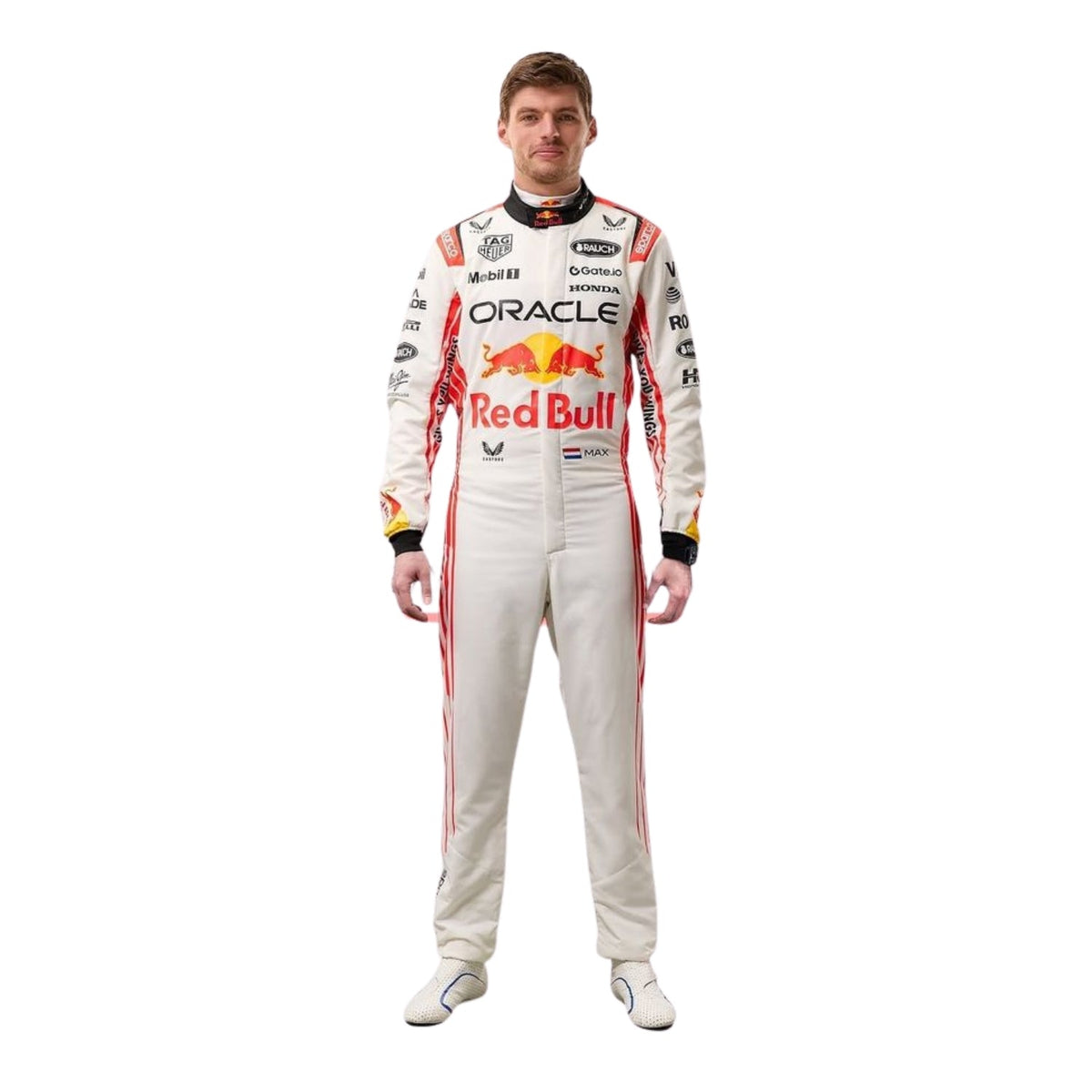 Max Verstappen's 2025 Japanese Grand Prix race suit front view, featuring a predominantly white design with red accents inspired by Japanese culture. Main image