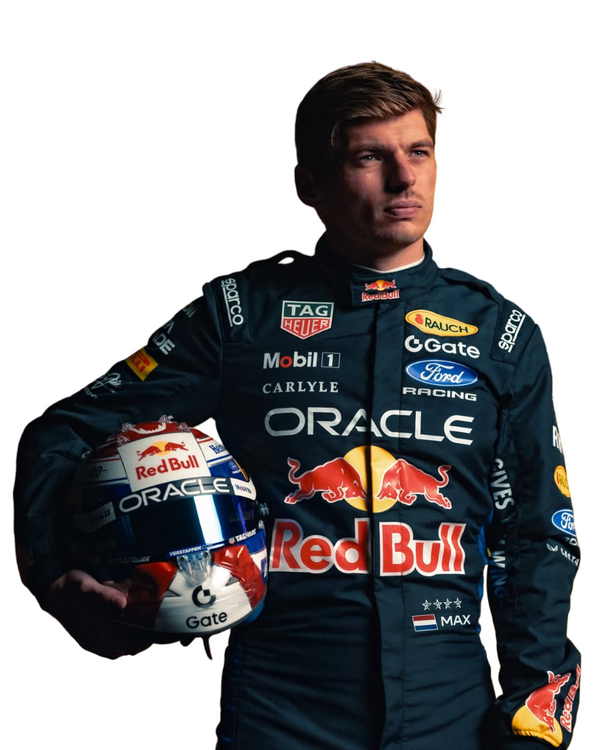 close view of 2026 F1 racing costume worn by Max Verstappen featuring aggressive contour lines, dynamic stretch zones, and precision sponsor placement in deep navy and crimson tones - Explicit Pro