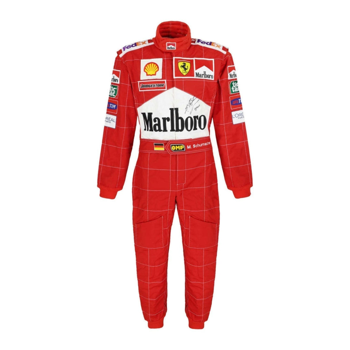 Front view of Michael Schumacher’s 2004 F1 racing suit in vivid red with white detailing, capturing the power and confidence of his record-setting season. Main image