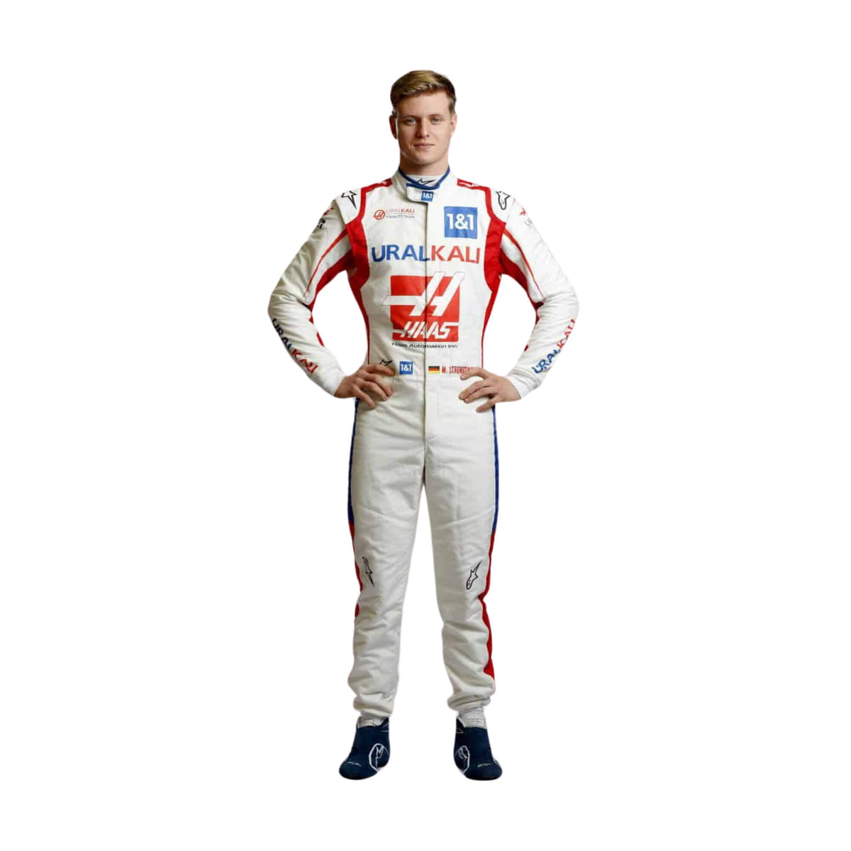 Mick Schumacher 2021 F1 Team racing suit – high-quality front view with rich detailing.