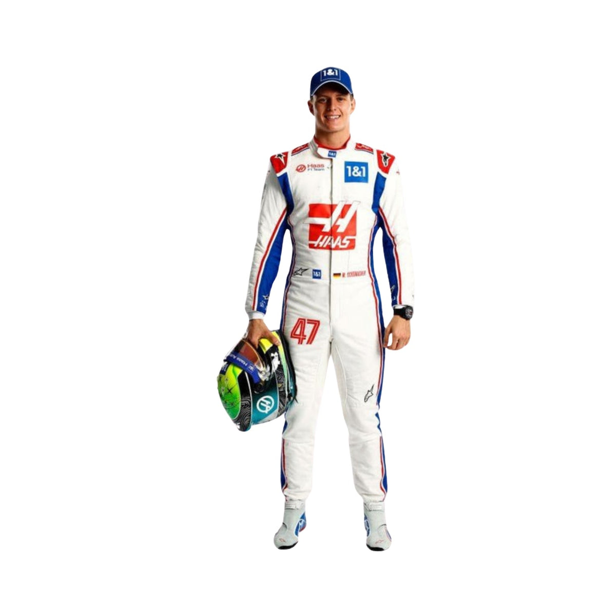 2022 Mick Schumacher F1 Racing Suit Front View, Red and White Accents, Full Zipper, Embroidered Badges Main image