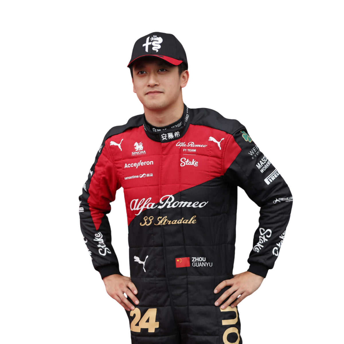 Zhou Guanyu’s 2023 Italian Grand Prix F1 racing suit front view featuring a black base with red and gold accents on the shoulders and sides, complemented by sponsor logos, showcasing a sleek and modern design. Main image