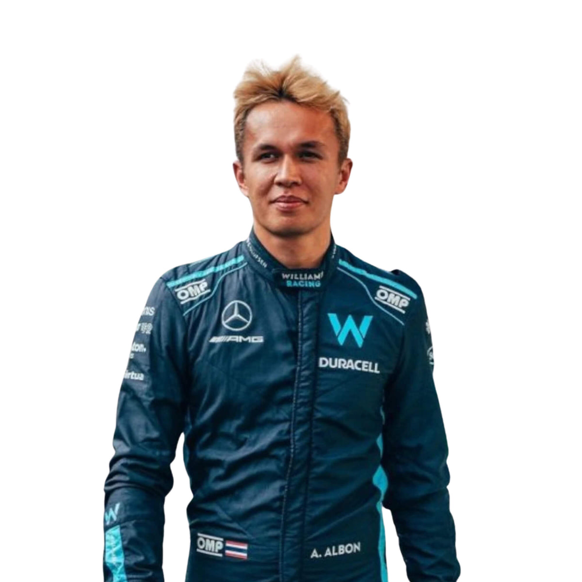 Close-up of the upper torso of Alexander Albon's 2022 racing suit