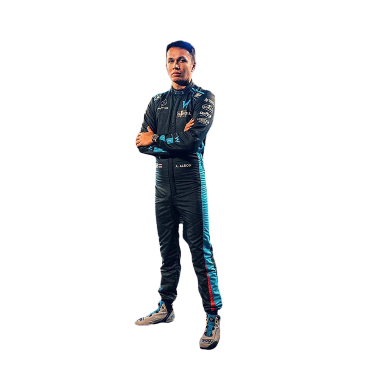 High-resolution image of Alexander Albon's 2022 F1 suit laid flat, emphasizing the navy blue and light blue color combination and technical fabric texture Main image