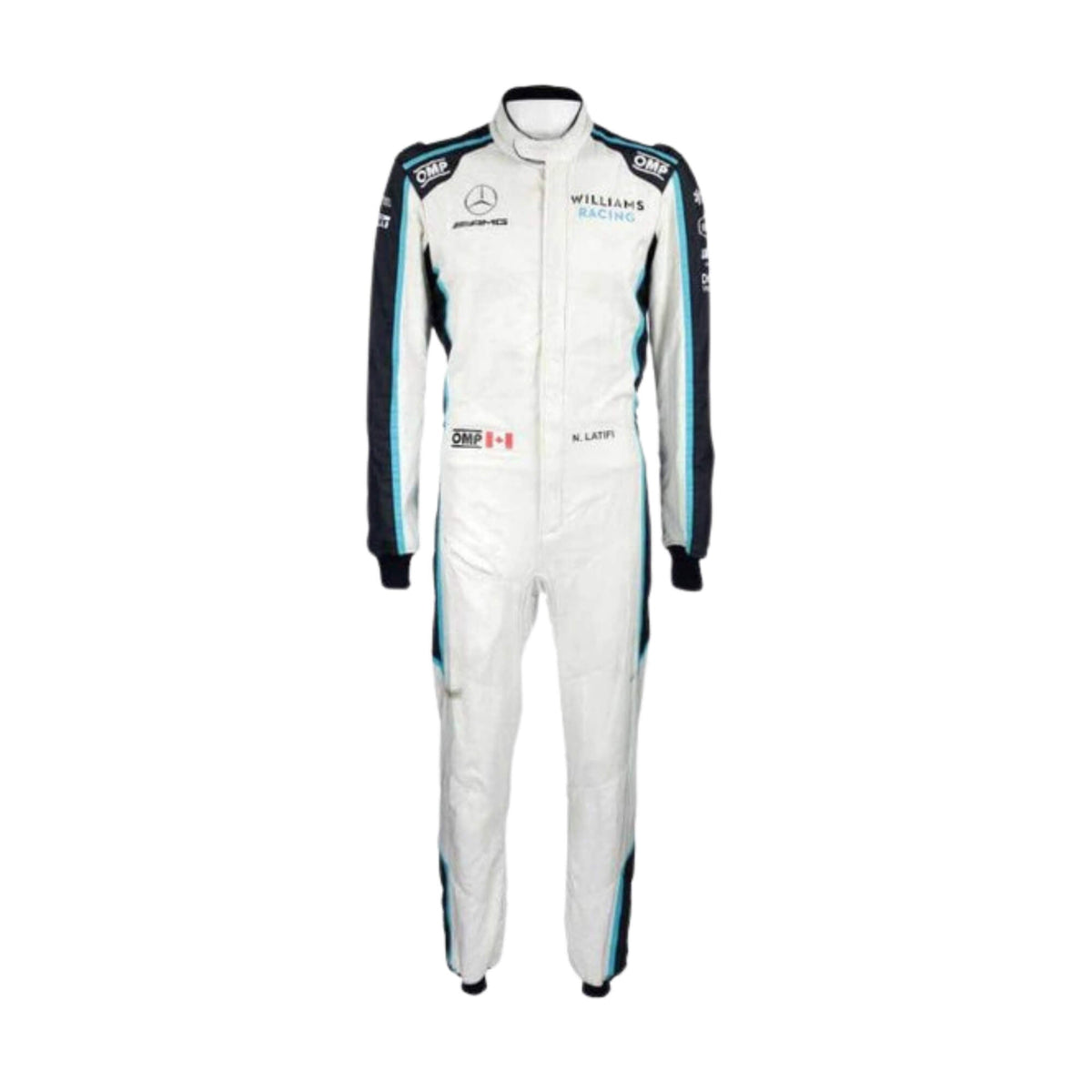 2021 Nicholas Latifi F1 Racing Suit Front View, Navy and White Design, Race-Ready Stitching