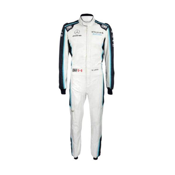 2021 Nicholas Latifi F1 Racing Suit Front View, Navy and White Design, Race-Ready Stitching