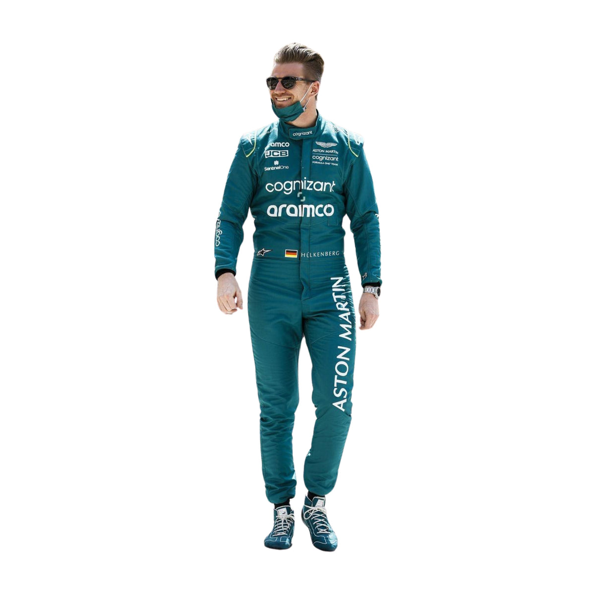 Front view of Nico Hülkenberg's 2022 Saudi Arabian GP F1 racing suit in British racing green with lime accents, highlighting the ergonomic design Main image